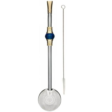Bomba de Chimarrão Inox 23cm Bojo Rosca Mil Furos Pedra Azul Escovinha Bortonaggio