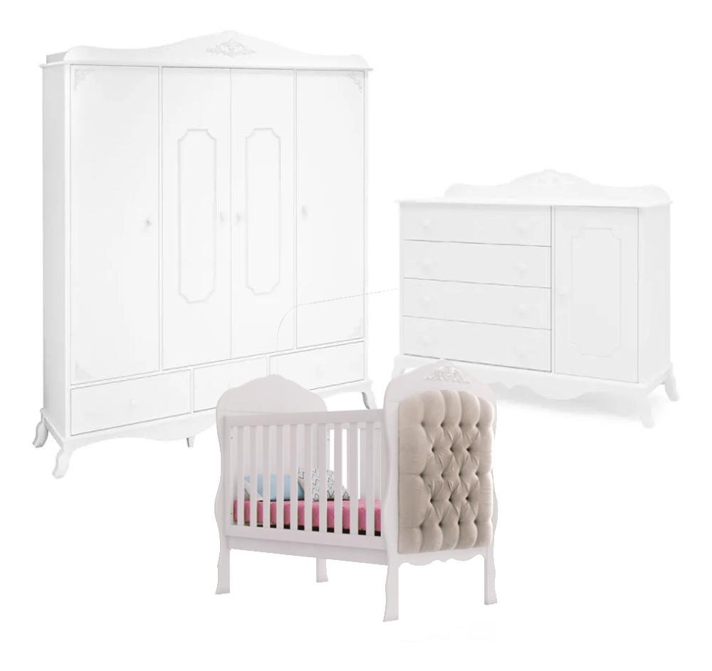 Quarto Infantil Completo Realeza Berço Capitonê, Cômoda, e Roupeiro 4 Portas Branco Canaã