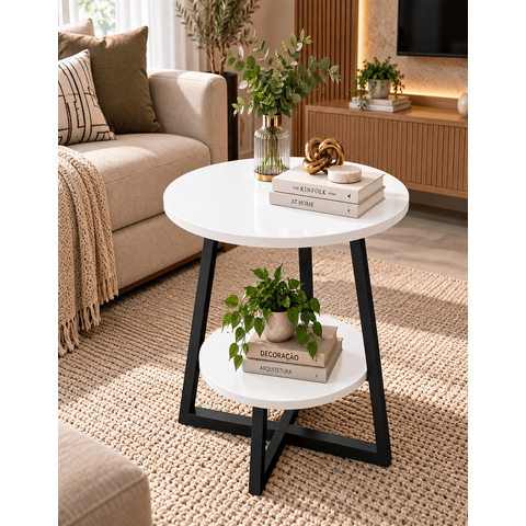 Mesa de Canto Redonda Decorativa Sala Luxo Dois Níveis Pés Estrela