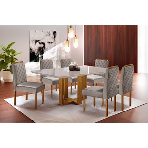 Conjunto Sala de Jantar 6 Lugares Italia Mesa e Cadeiras Madeira Maciça e Tecido Veludo