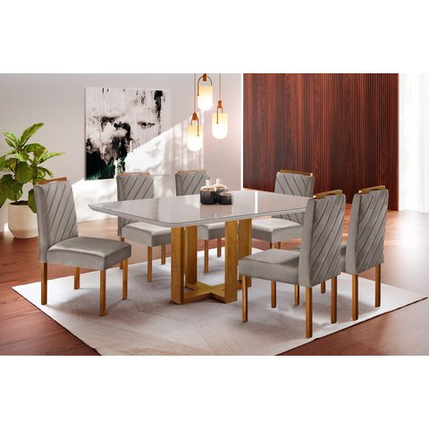 Conjunto Sala de Jantar 6 Lugares Italia Mesa e Cadeiras Madeira Maciça e Tecido Veludo