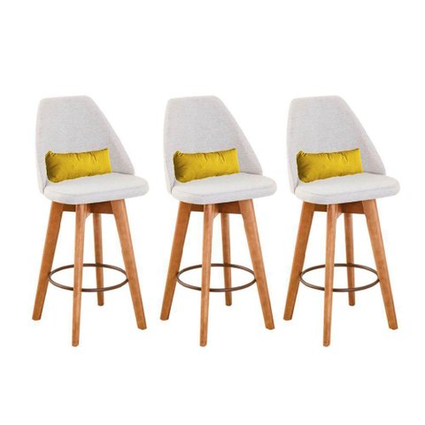 Kit 03 Banquetas Linho Bege e Almofada Suede Amarelo