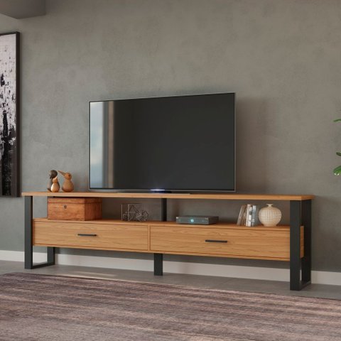 Rack para Tv até 65" Estilo Industrial 2,20m com 2 Gavetas F43 Pradel Móveis-freijó/preto Fosco