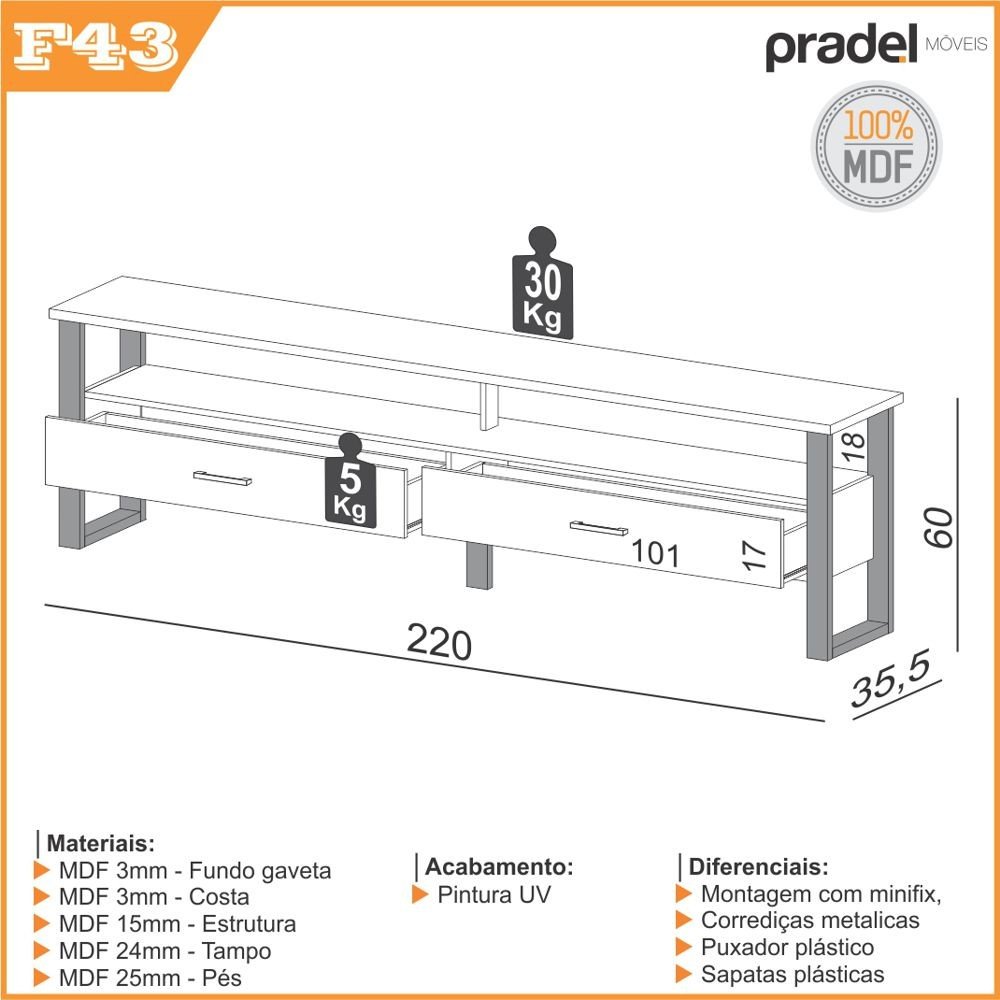 Rack para Tv até 65" Estilo Industrial 2,20m com 2 Gavetas F43 Pradel Móveis-freijó/preto Fosco - 2