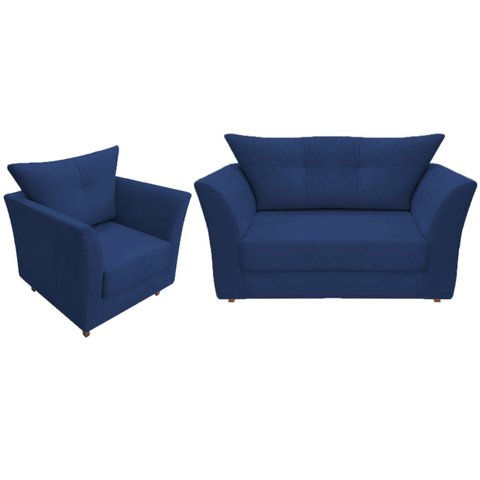 Kit Namoradeira + 1 Poltrona Decorativa Isis Suede Azul Marinho Pés Madeira Mz Decor