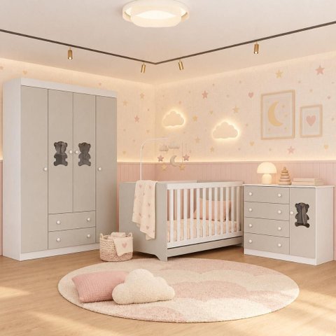 Quarto de Bebê Completo com Berço Americano 3 em 1 e Colchão Incluso Flor Multimóveis MP4932
