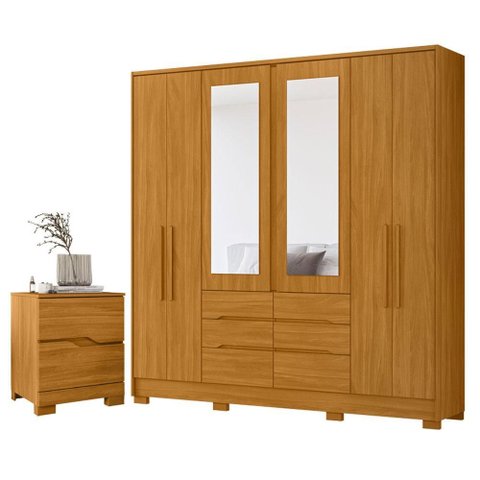 Guarda Roupa Casal San Francisco 6 Portas Cinamomo com Espelho com Mesa de Cabeceira Ares Cinamomo