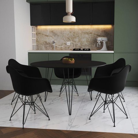 Mesa Jantar Redonda 110cm Preta Clips 3 Pés com 5 Poltronas Pretas Ferro Preto Marrom