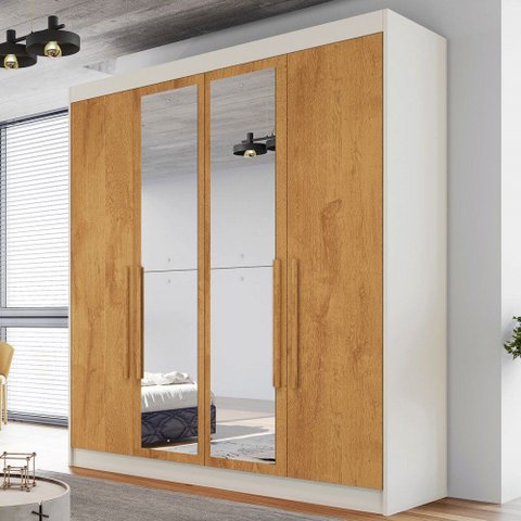Guarda-roupa Casal Nantes 4 Portas 3 Gavetas 100%mdf com Espelho Off White/peroba - Europa Móveis