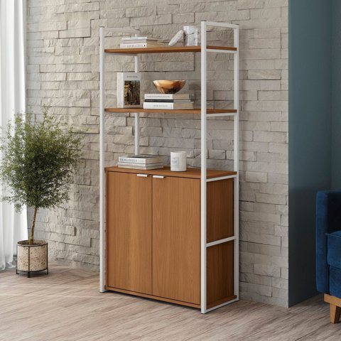 Estante de Livros Industrial Aço 72CMX151CM Alta com 2 Portas Marrom/Canela/Branco Brilho