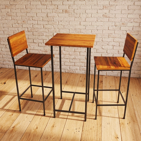Jogo Bistrô Industrial com Mesa Quadrada e 2 Banquetas em Ferro e Madeira Conjunto para Área Gourmet
