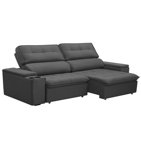 Sofá Retrátil e Reclinável 3 Lugares 230cm Zoho Porta Copos no Braço Veudo Grafite G22 - Gran Belo