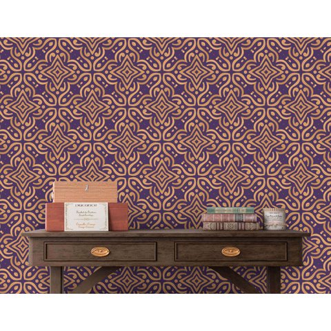Papel de Parede Arabesco Roxo e Dourado 1 Arte Destaque 1,50 Metros