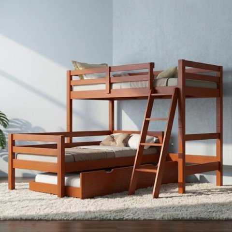 Cama Treliche em L com Auxiliar Solteiro Madeira:Castanho Claro