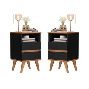 Conjunto 2 Mesa de cabeceira 2 Gavetas Pés Palito Em Madeira Maciça - Pop - CM - preto/nature