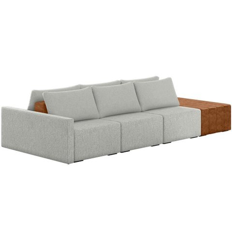 Sofá Ilha Modular para Sala 312cm com Puff Dublin K01 Linho Cinza Sintético Caramelo - Lyam Decor