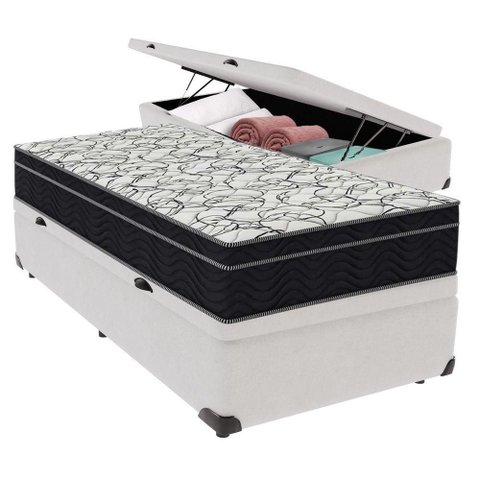 Cama + Box com Bau Solteiro Colchão Extra Firme Airtech Ortobom D45 Branco