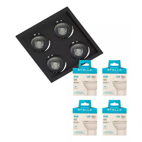 Spot Embutido Quadrado Quadruplo Recuado Dicroica + 4 Lâmpadas Mr16 6w Stella 3000k 4000k 5000k Cor: