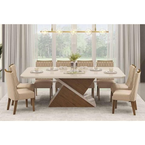 Conjunto: Mesa Sala Jantar Zafira C/ Tampo Madeirado C/ Vidro 200x100cm e 8 Cadeiras Jade Freijo/off