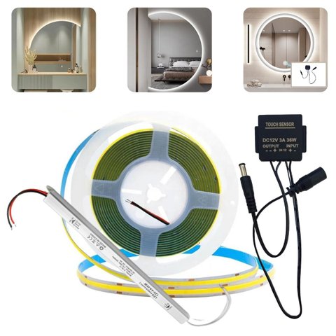 Fita Led Cob 5m 12v 320 Led/m + Botão Espelho Touch + Fonte:branco Frio (6000k)