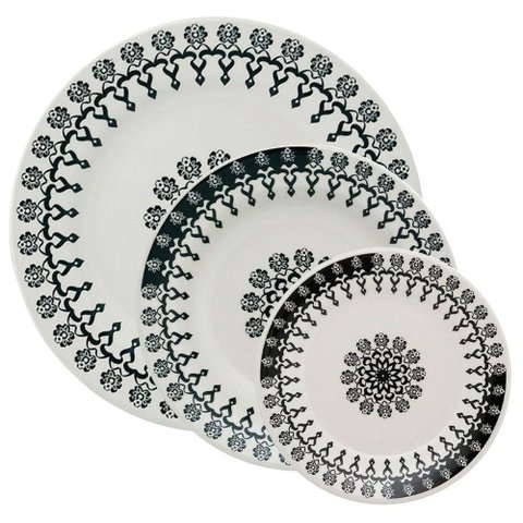 Kit Pratos Rasos Fundos e Sobremesa Donna Folk Oxford Cerâmica 24 Peças