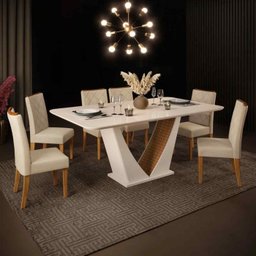 Conjunto Mesa de Jantar Lucy Carvalho/Creme com 6 Cadeiras Sara Suede Nude - 1