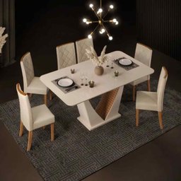 Conjunto Mesa de Jantar Lucy Carvalho/Creme com 6 Cadeiras Sara Suede Nude - 2