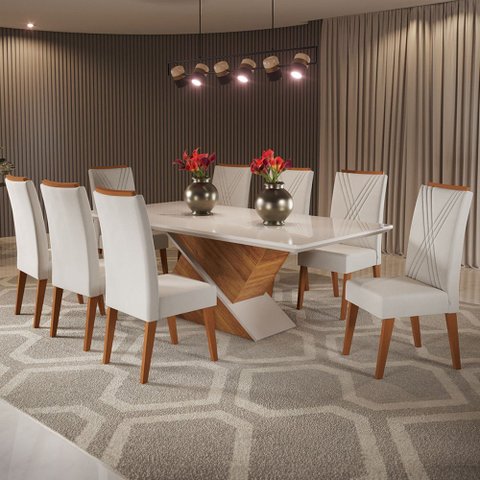 Mesa de Jantar 8 Lugares Easy com Vidro Mel/marfim/off White - Viero Móveis