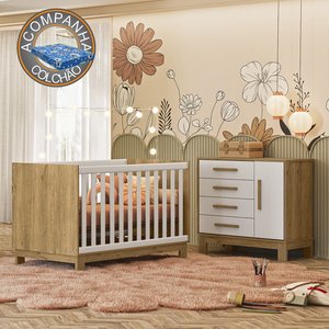 Quarto de Bebê com Cômoda 4355 e Berço 4315 Freijó Branco Acetinado + Colchão Ortobom Patoti Móveis