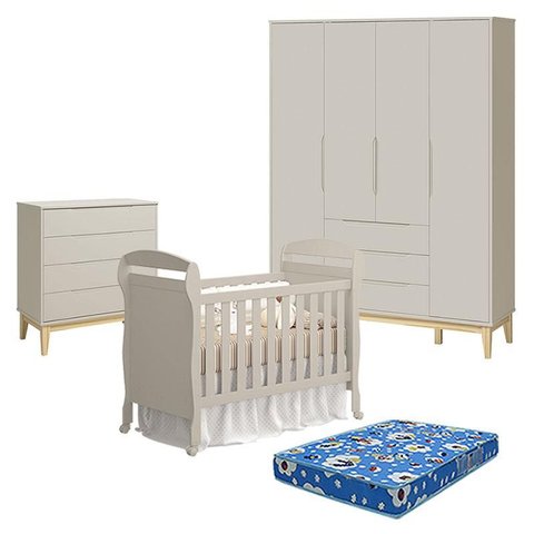 Quarto de Bebê 4 Portas com Cômoda Gaveteiro Elfe Classic e Berço Americano Danny Areia Acetinado na