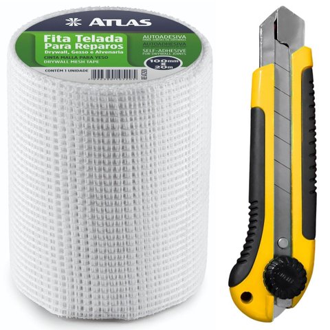 Fita Telada Auto Adesiva 100mm X 20m Gesso Drywall Alvenaria + Estilete 25mm com Trava Giratória e L
