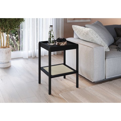 Mesa Lateral Quadrada c/ Prateleira  43cm Palhinha Pé Madeira Oslo Artesano | Nero - Nero/Preto