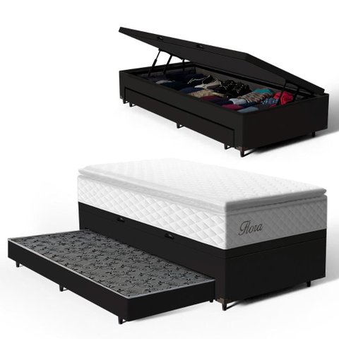 Cama Box Baú com Colchão de Molas Ensacadas Pillow Top Flora + Auxiliar Unique Solteiro 88cm
