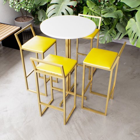 Jogo Mesa Alta Bistrô Redonda Branca 4 Banquetas Estofado Confort Industrial Dourado Don Castro Deco