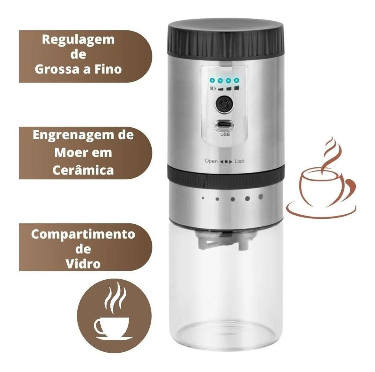 Moedor Grãos Café Elétrico Regulagem de Pó Usb Recarregável - 3