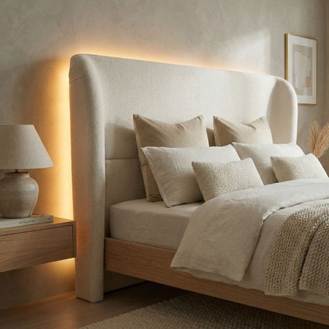 Cabeceira Cama Casal Livia 140cm Orgânica Curva Bouclê Off White - Vimont Moveis