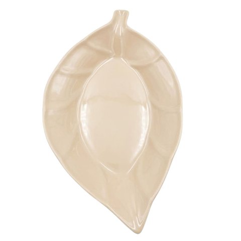 Travessa Escultural de Cerâmica Folha Tropical – Centro de Mesa Premium 44cm:areia