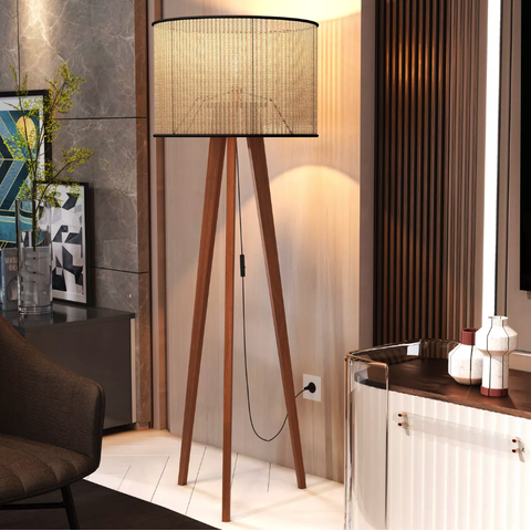 Luminária Abajur Tripé Cúpula Rattan Pés em Madeira - Palha/preto