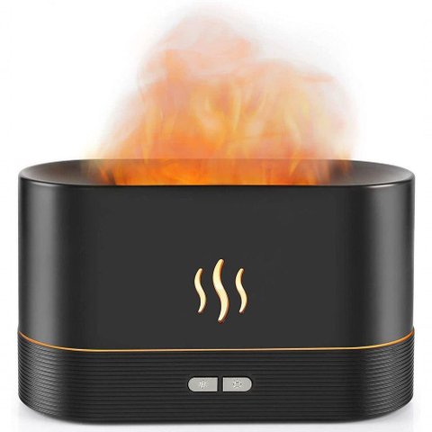 2 em 1 Umidificador Difusor de Óleo Essencial com Luz de Chama Noturna Preto