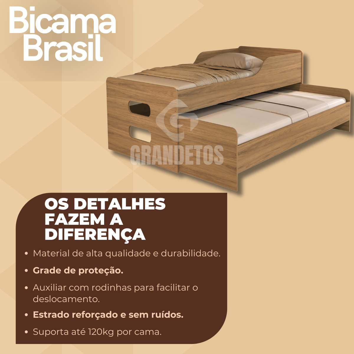 Bicama Solteiro Brasil Cama com Auxiliar e 2 Colchões D20 Cor:amêndoa - 3