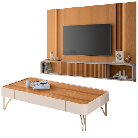 Painel para Tv 85 Pol Vivaz e Mesa de Centro Alane H01 Off White/cinamomo - Mpozenato