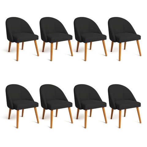 Kit 08 Cadeiras Poltrona de Jantar Luna Suede Preto Pés Palito Castanho