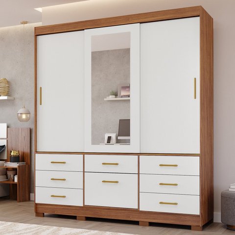 Guarda-Roupa Casal 4 Portas 7 Gavetas com Espelho e Pés 192cm 100% MDF Penedo Espresso Móveis Bege/Cinamomo/Off White