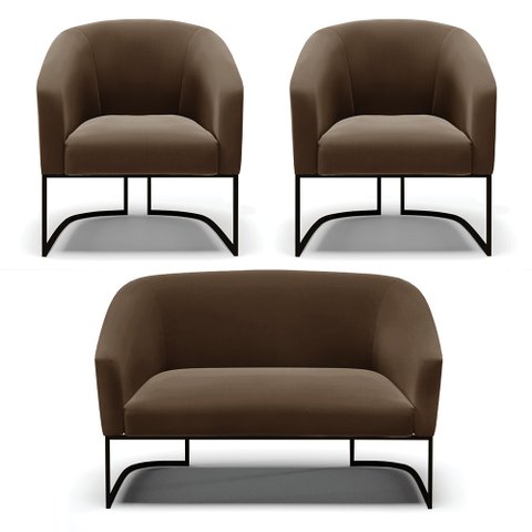 Sofá Namoradeira e 2 Poltronas Base Industrial Preto Stella Suede Marrom D03 - D'Rossi