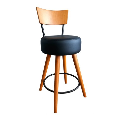 Banqueta Alta Cozinha Estofada Preta com Encosto Madeira Urban