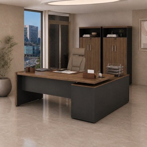 Conjunto 3 Peças 1 Mesa em L Diretoria Tampo Tamburato com 2 Armário Alto Marrom/Nogal/Preto Artany