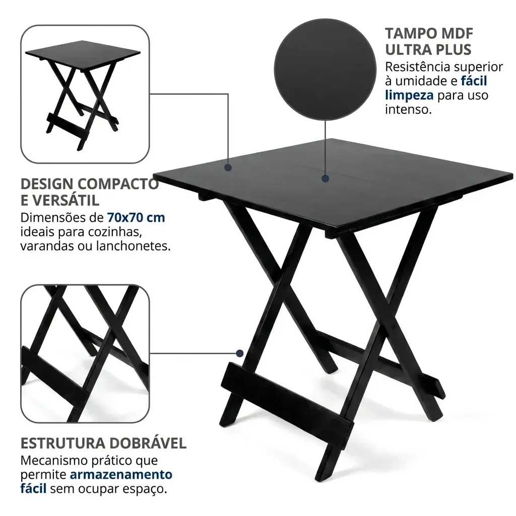 Ver imagem 5 de Kit 10 Mesas Dobráveis para Lanchonete 70x70cm em MDF Ultra Plus Preto