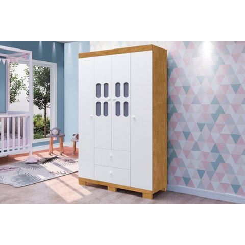 Roupeiro / Armário SOF 4 Portas + 2 Gavetas Pintura Com UV e Verniz Brilhante Cor Nature/Branco JA