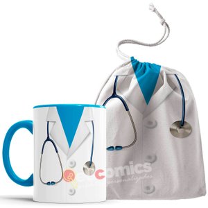 Caneca Profissão Médico Jaleco Medicina azul com saquinho