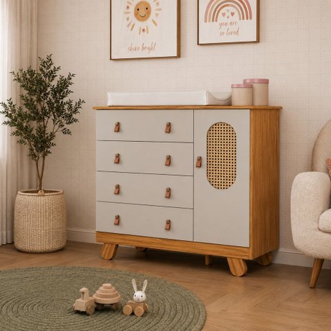 Cômoda Pingo Quarto Bebê Trocador Janela de Tela 4 Gavetas - Off White com Amêndoa